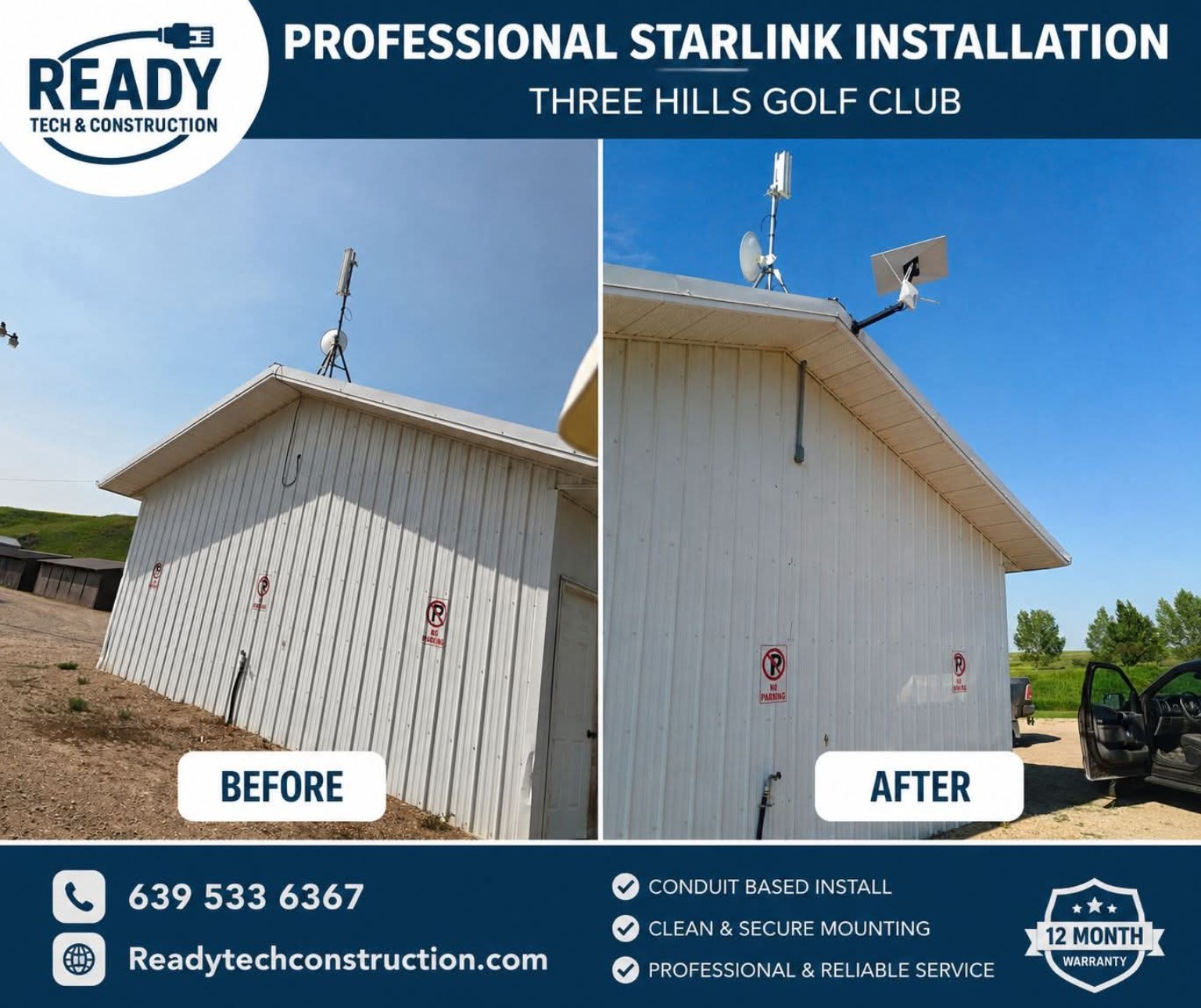 Professional Starlink installation before and after at Three Hills Golf Club