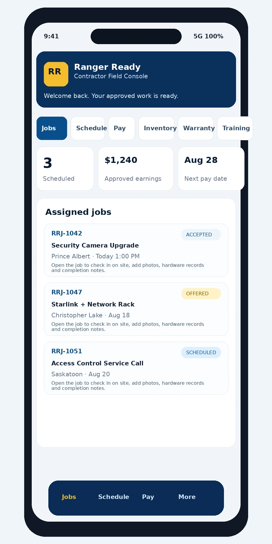 Contractor Network Contractor field app jobs screen