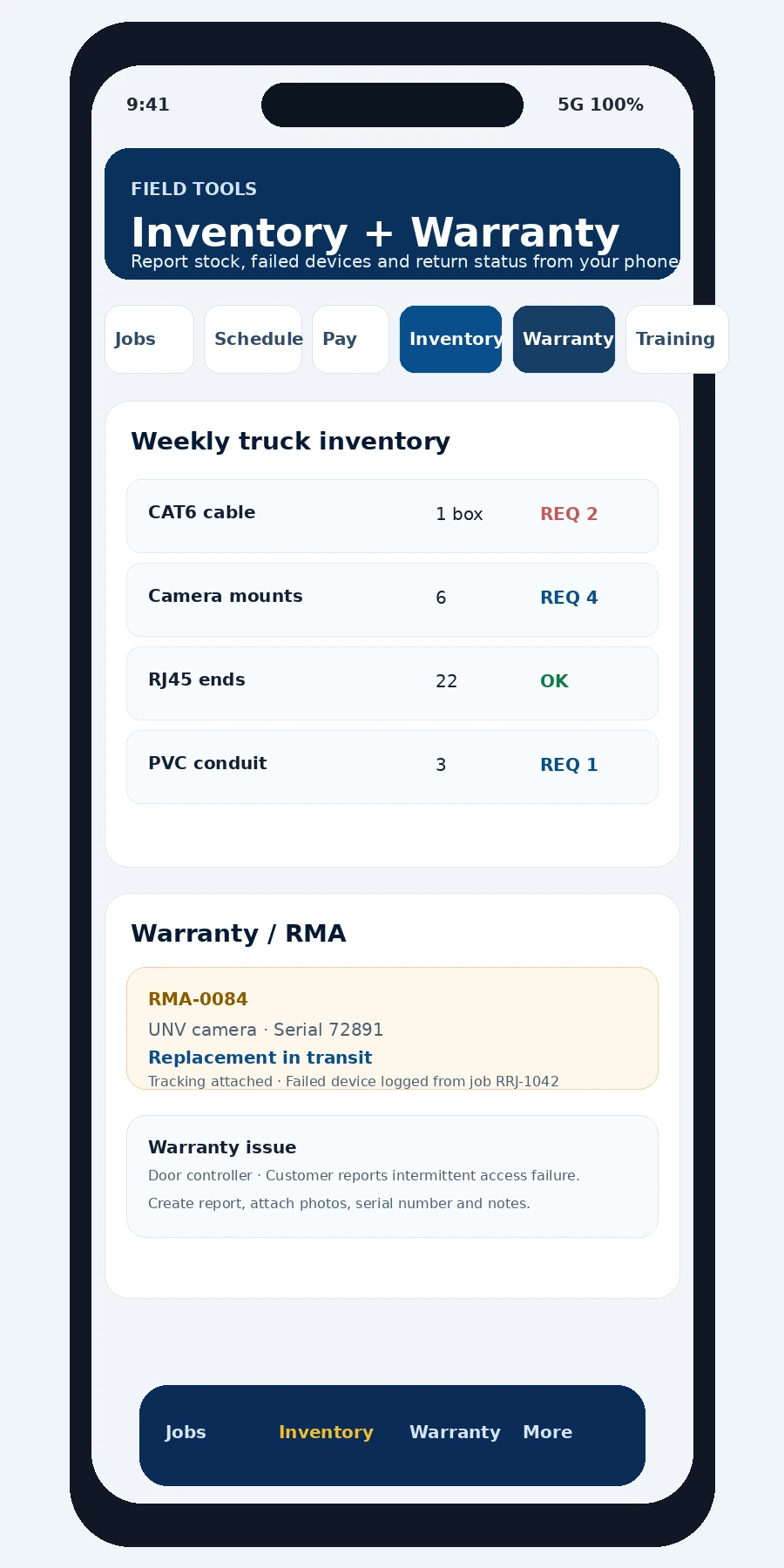 Contractor Network Contractor field app inventory and warranty screens