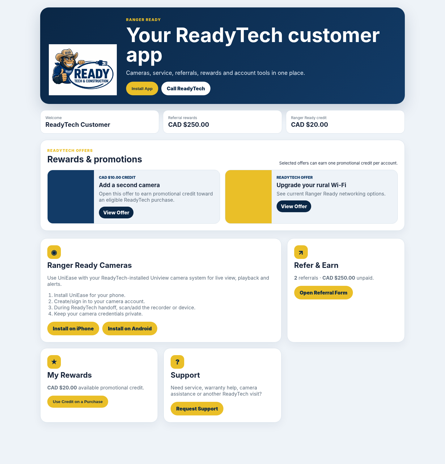 Ranger Ready Customer App with referrals, rewards, cameras and support