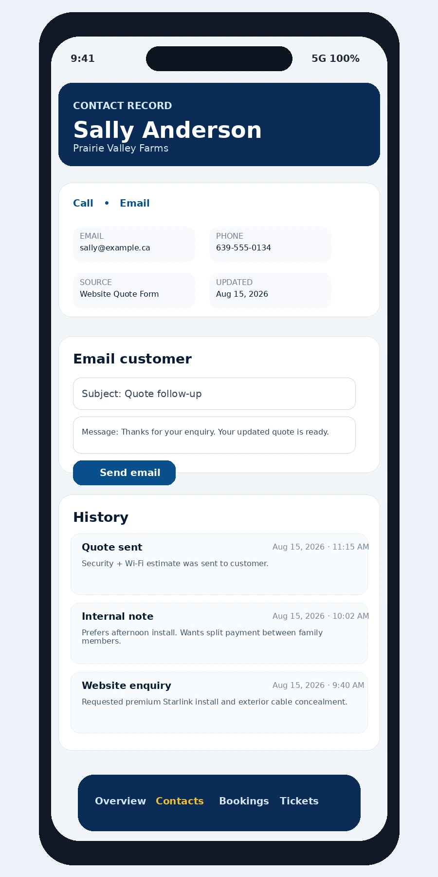 Operator CRM contact record on phone