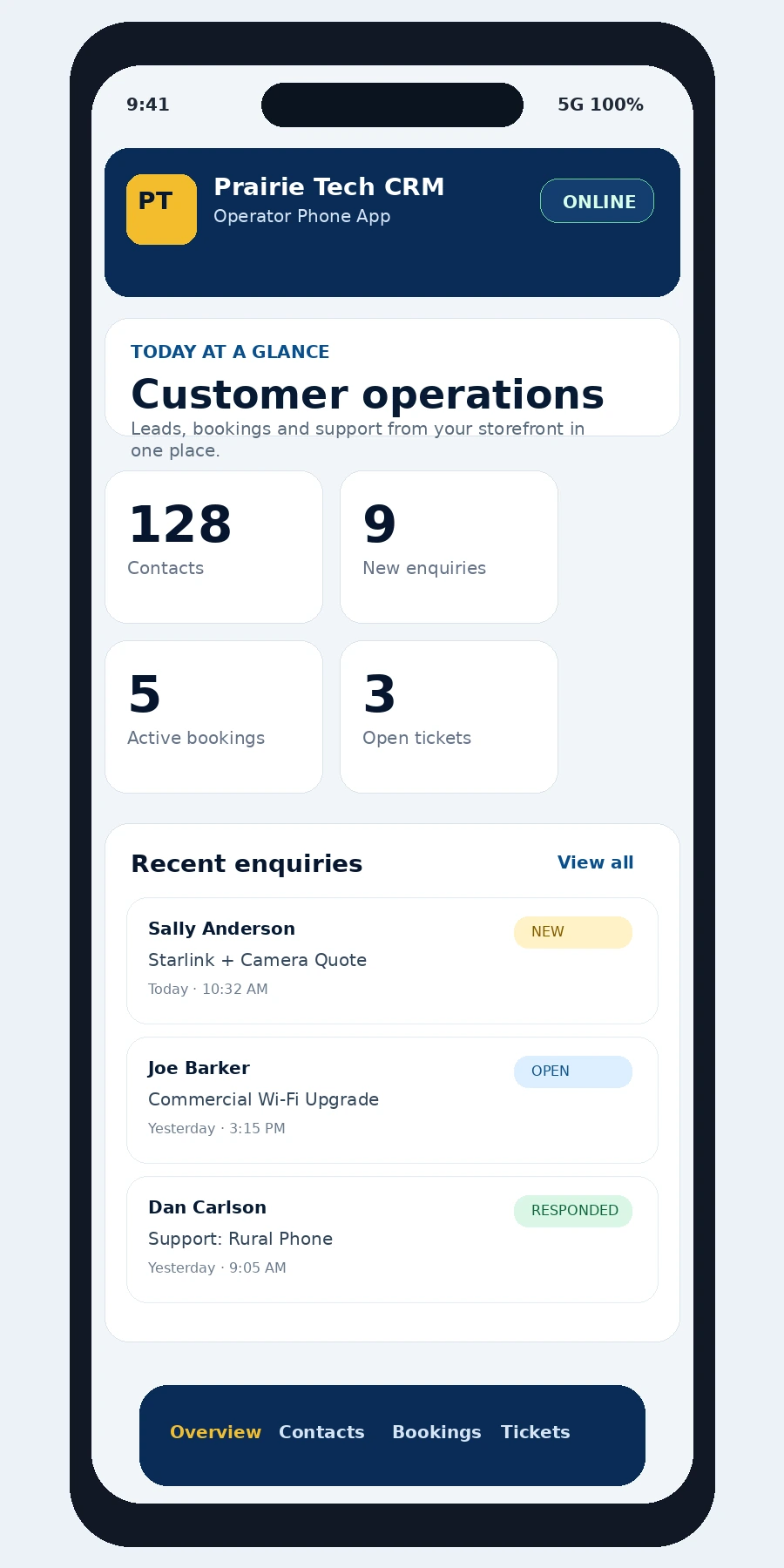 Operator CRM app overview on phone