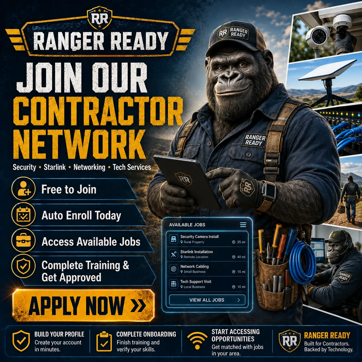 Ranger Ready contractor network recruitment poster showing security, Starlink, networking and technology installation work