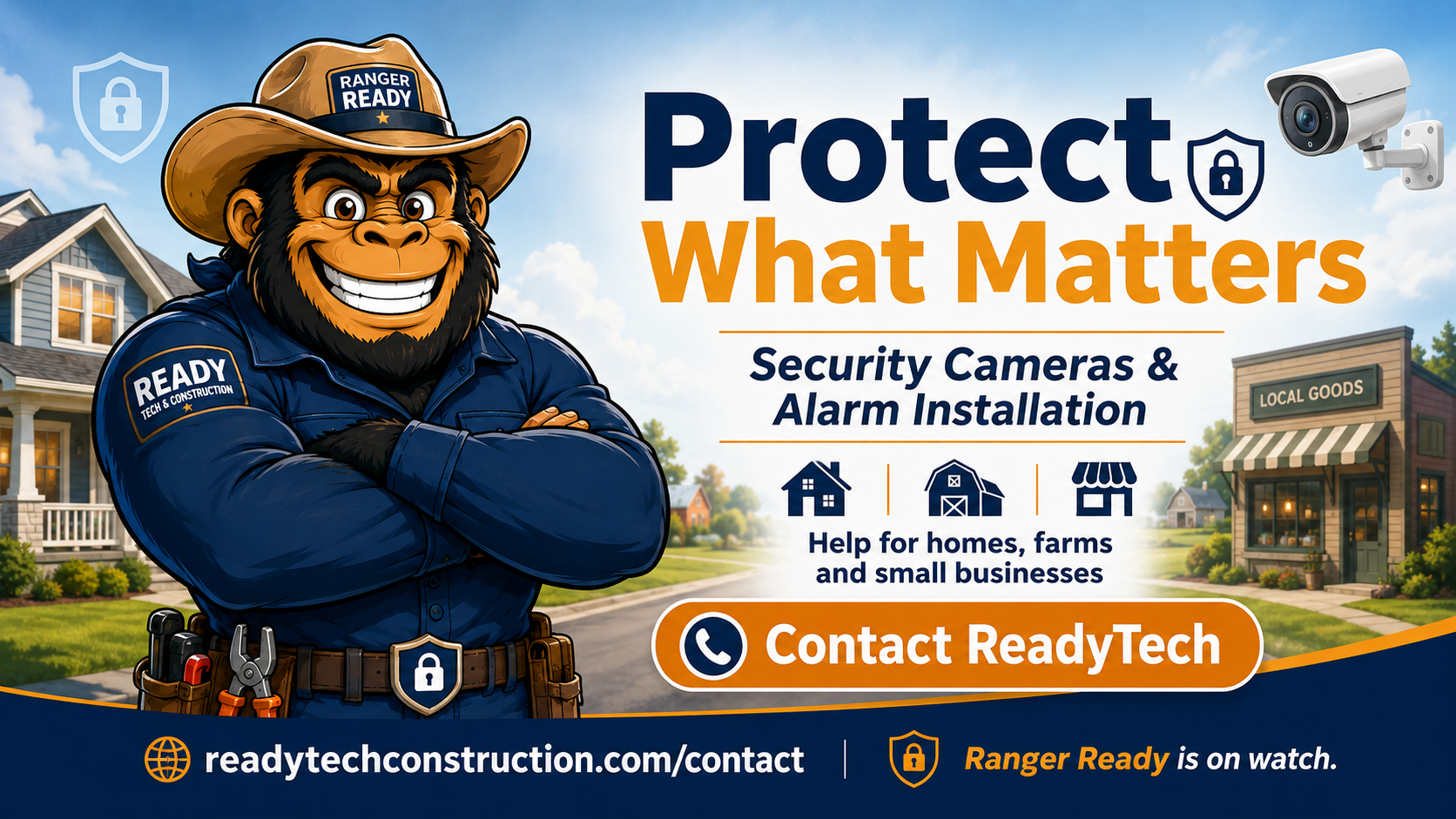 Communities We Serve & Explore ReadyTech ad banner with Ranger Ready promoting security cameras and alarm installation.