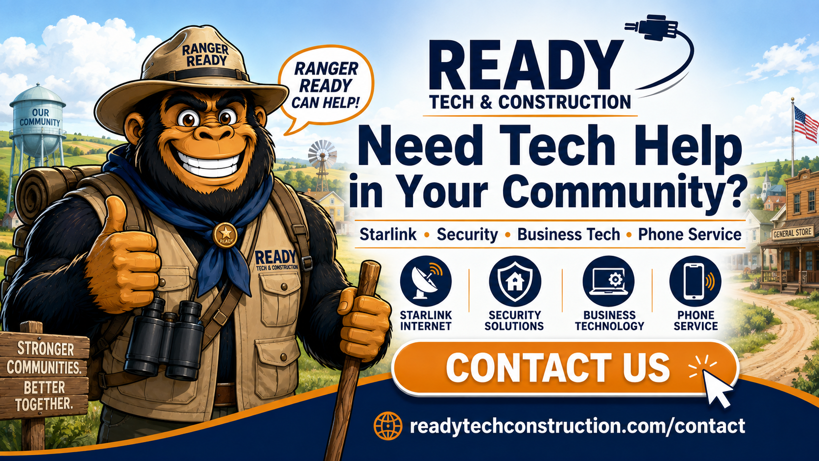 ReadyTech ad banner with Ranger Ready promoting community technology help.