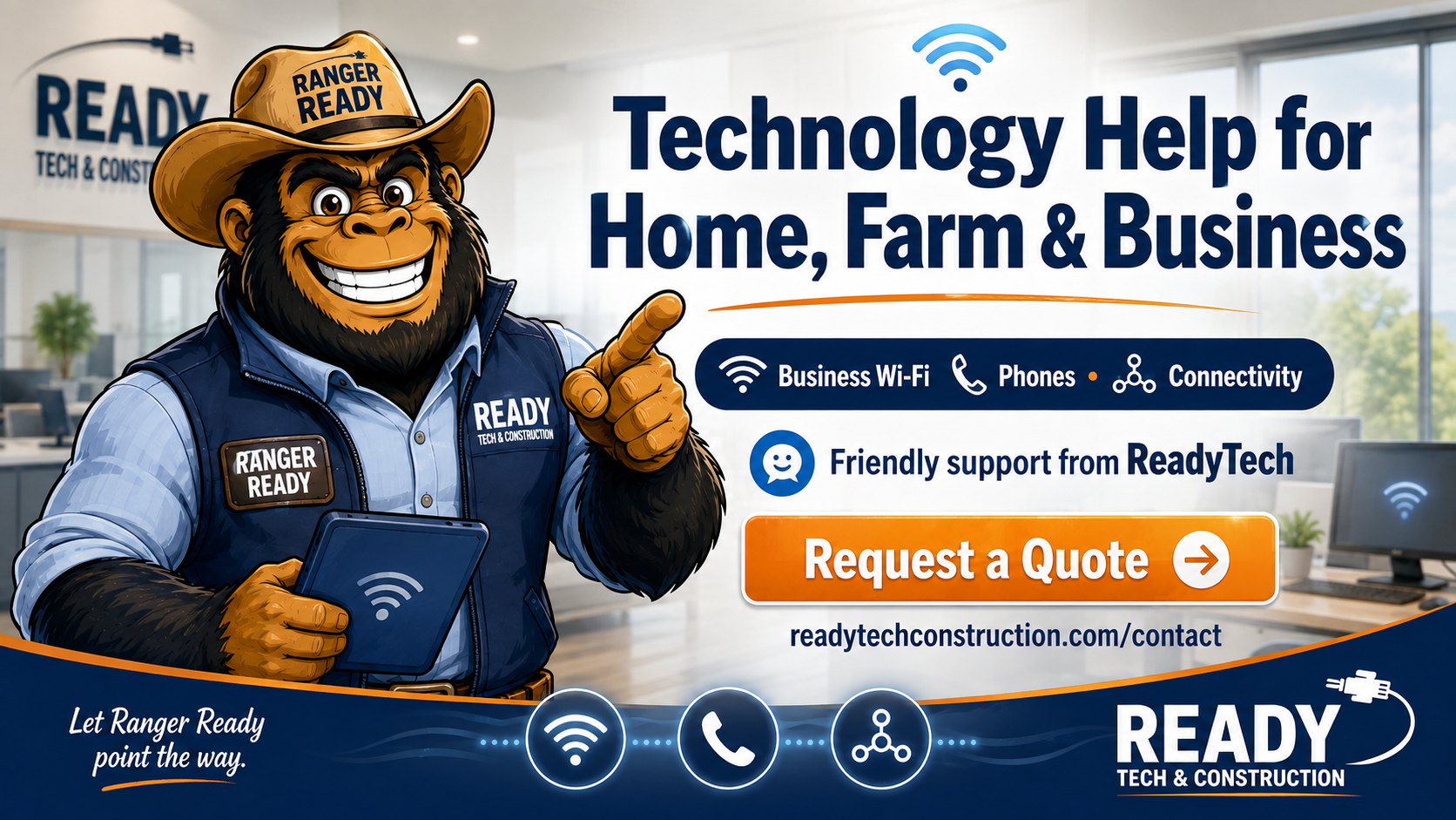 ReadyTech ad banner with Ranger Ready promoting business Wi-Fi, phones and connectivity.