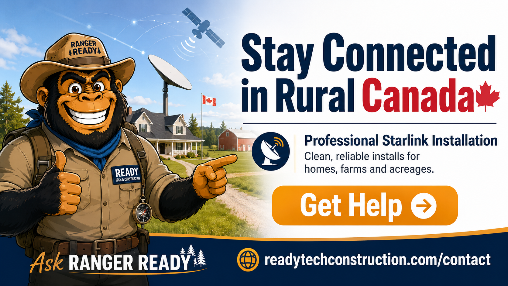 ReadyTech ad banner with Ranger Ready promoting professional Starlink installation.