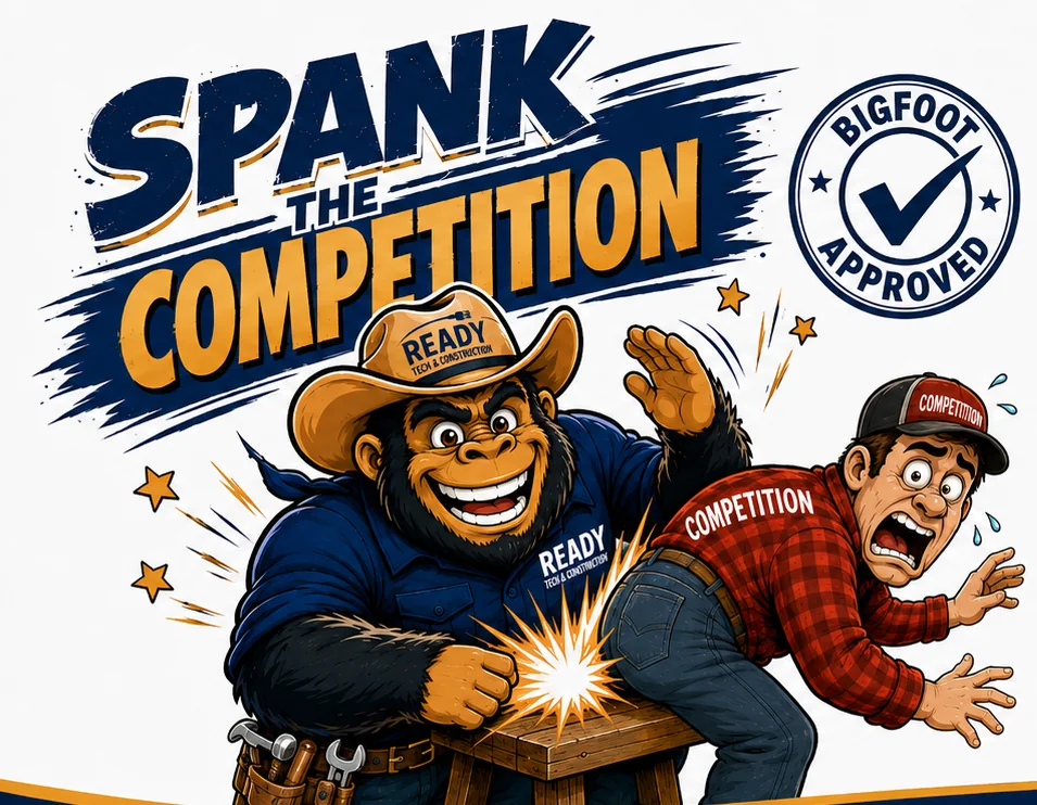 Ready Tech Construction commercial technology services mascot with Spank the Competition artwork and Bigfoot Approved badge